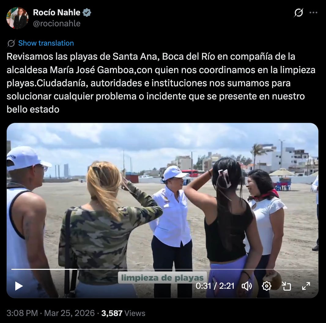 Rocío Nahle minimiza impacto de hidrocarburos en playas de Veracruz