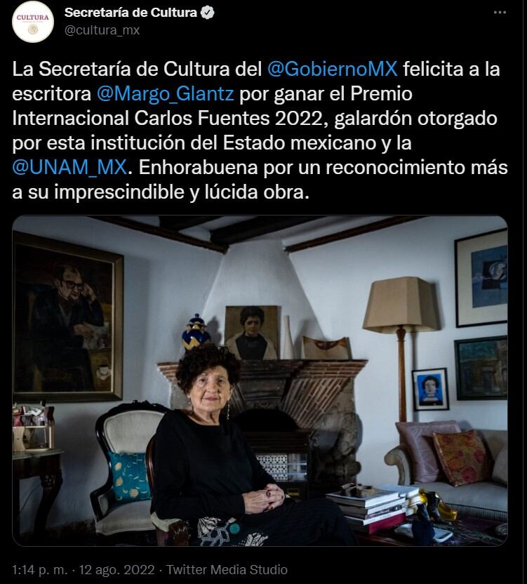 Margo Glantz, ganadora del premio Carlos Fuentes 2022