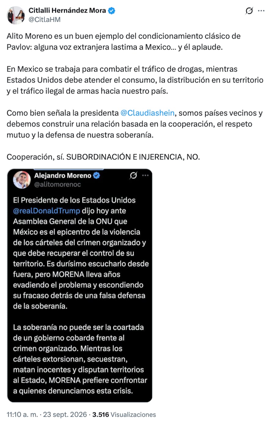 Citlalli Hernández critica nuevamente a Alejandro Moreno
