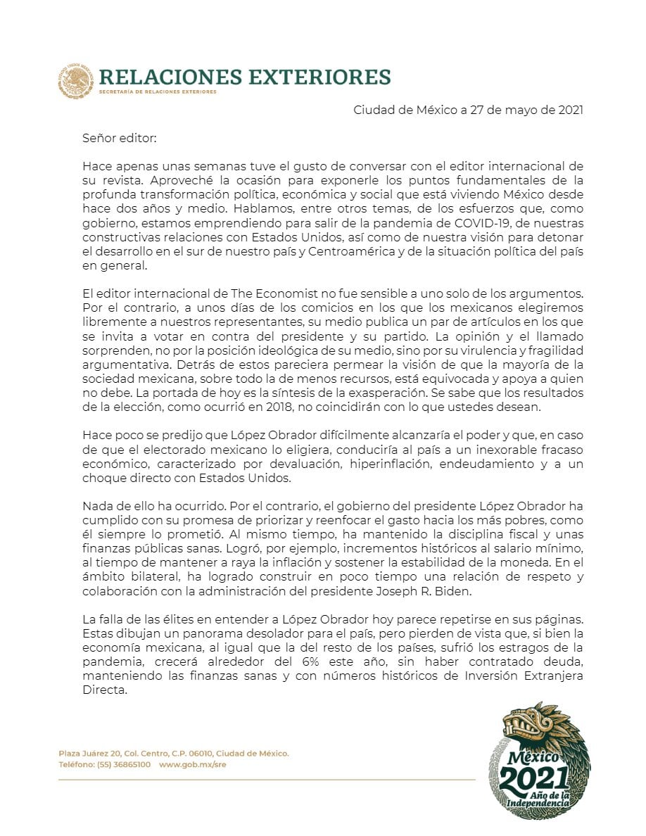 Carta de SRE a The Economist