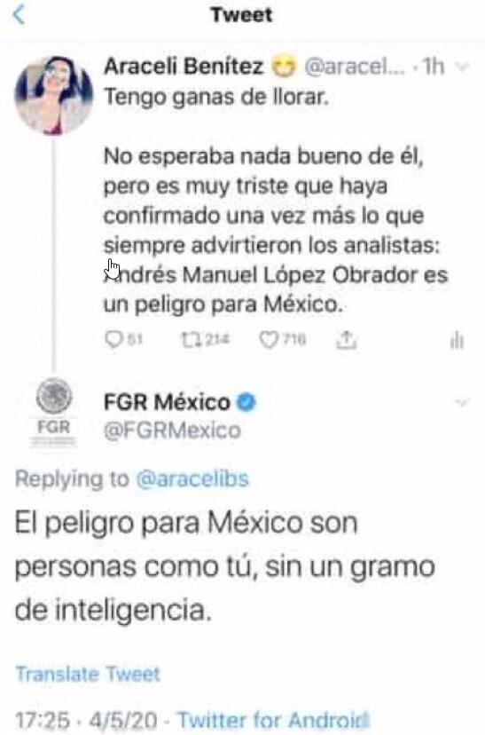 Responden desde perfil oficial de FGR a tuitera que criticó a AMLO