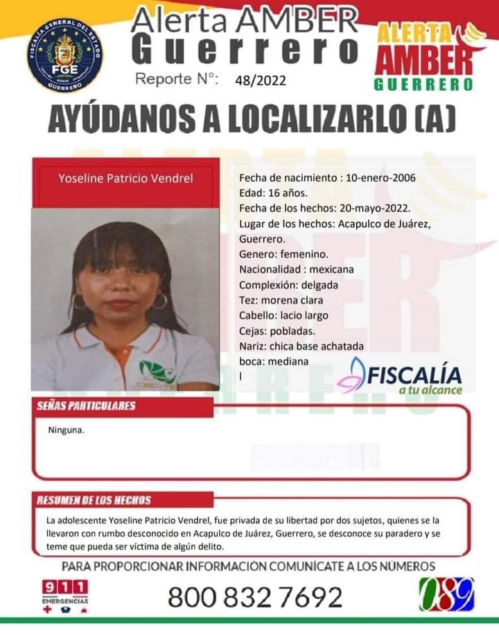 Ficha de desaparición de Yoseline Patricio de 16 años