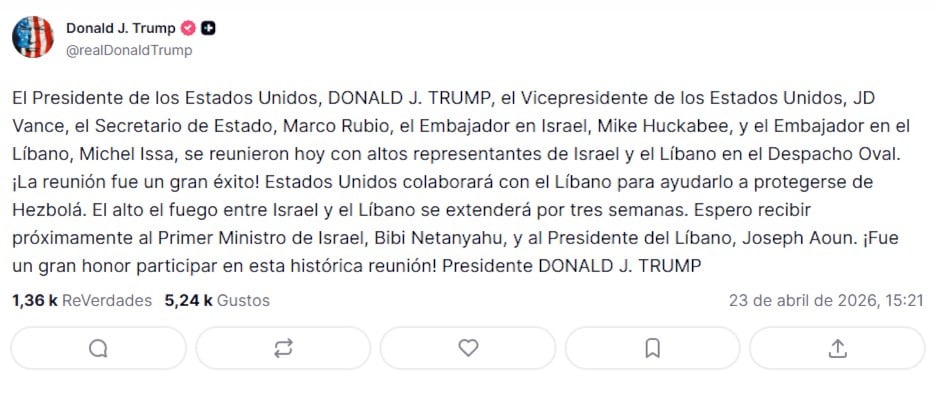 Trump anuncia acuerdo entre Israel y Líbano