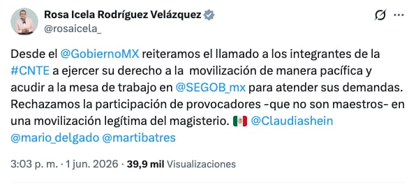 Rosa Icela Rodríguez sobre la protesta de la CNTE en CDMX