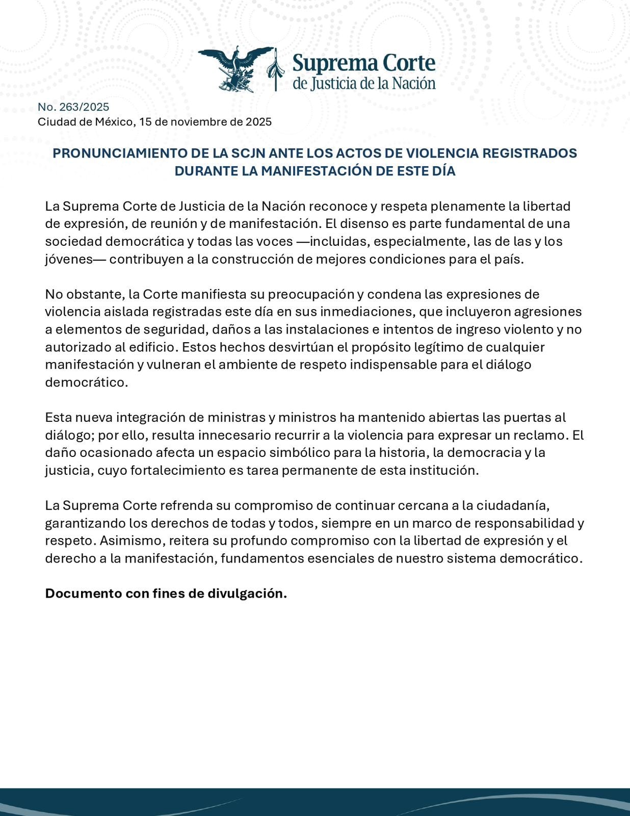 Comunicado SCJN ante vandalismo en Marcha de la Generación Z