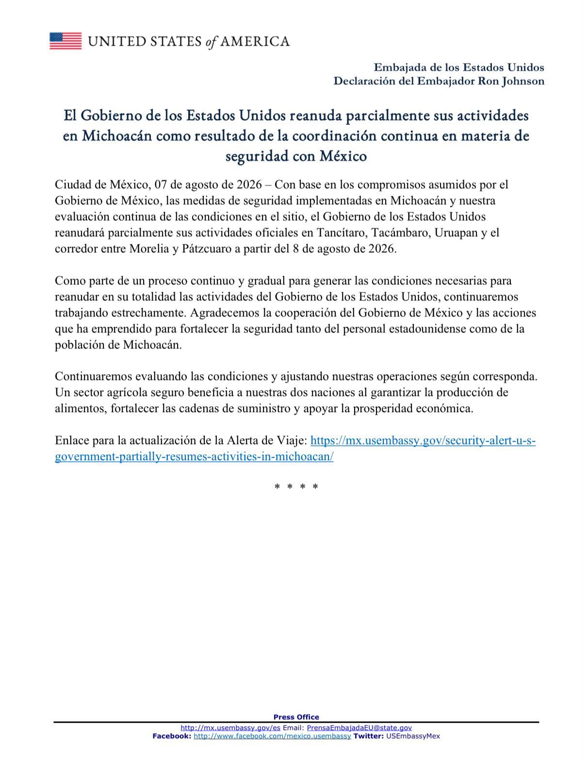 Estados Unidos retoma actividades en Michoacán tras alerta de seguridad