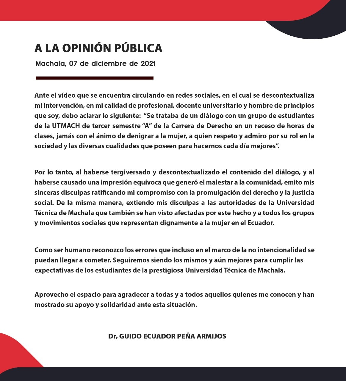 Comunicado del profesor de Ecuador