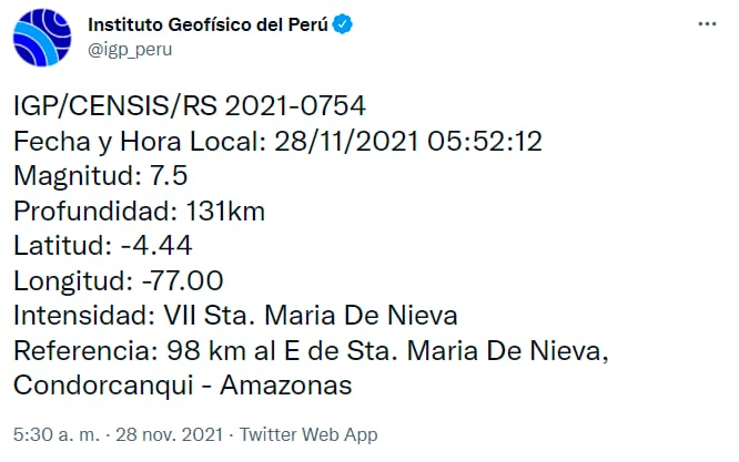 Reporte sismo Perú/@igp_peru