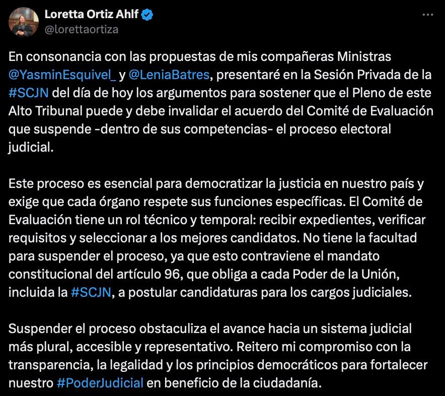 Publicación de la ministra Loretta Ortiz en X sobre las elecciones 2025 Poder Judicial