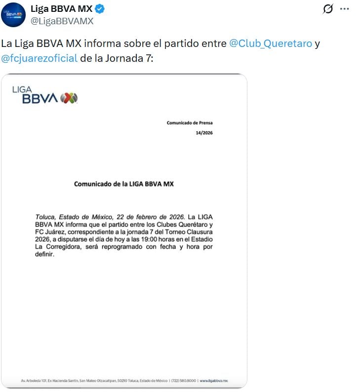 Liga MX suspende el partido Querétaro vs Juárez de la Jornada 7.