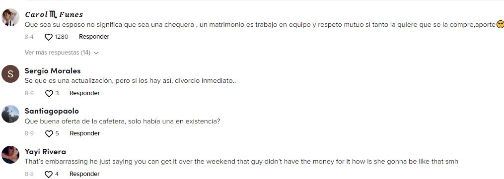 Reacciones a la mujer que llama codo a su esposo en el supermercado