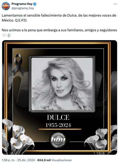 Programa Hoy lamenta la muerte de Dulce
