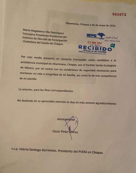 Óscar Pinto Gómez, candidato del Partido Verde a la alcaldía de Altamirano, renunció por condiciones de inseguridad
