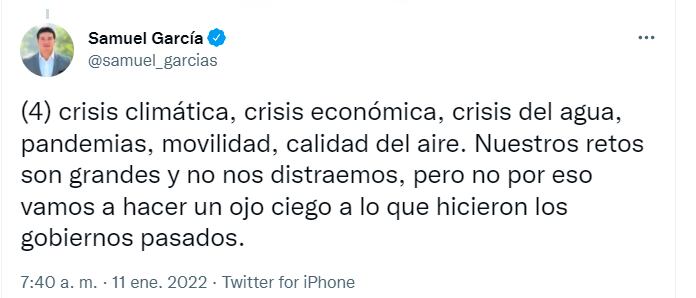 Tuit de Samuel García sobre la destitución de Eduardo Garza