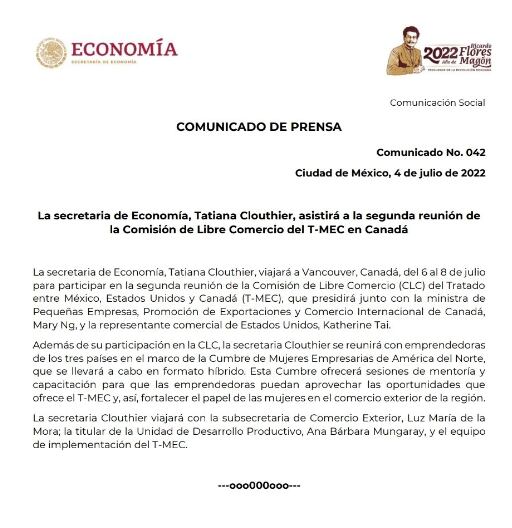 Comunicado Comisión de Libre Comercio T-MEC