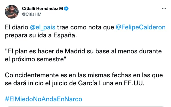 Citlalli Hernández critica a Felipe Calderón por irse a España