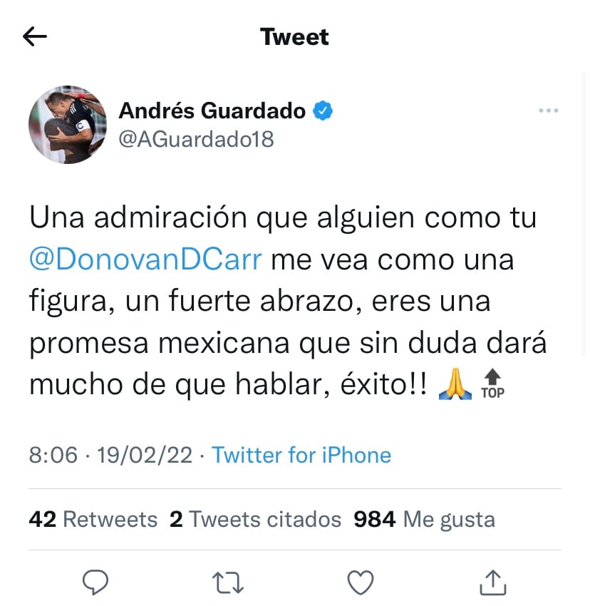 Tweet de Andrés Guardado después de las declaraciones de Donovan Carrillo.