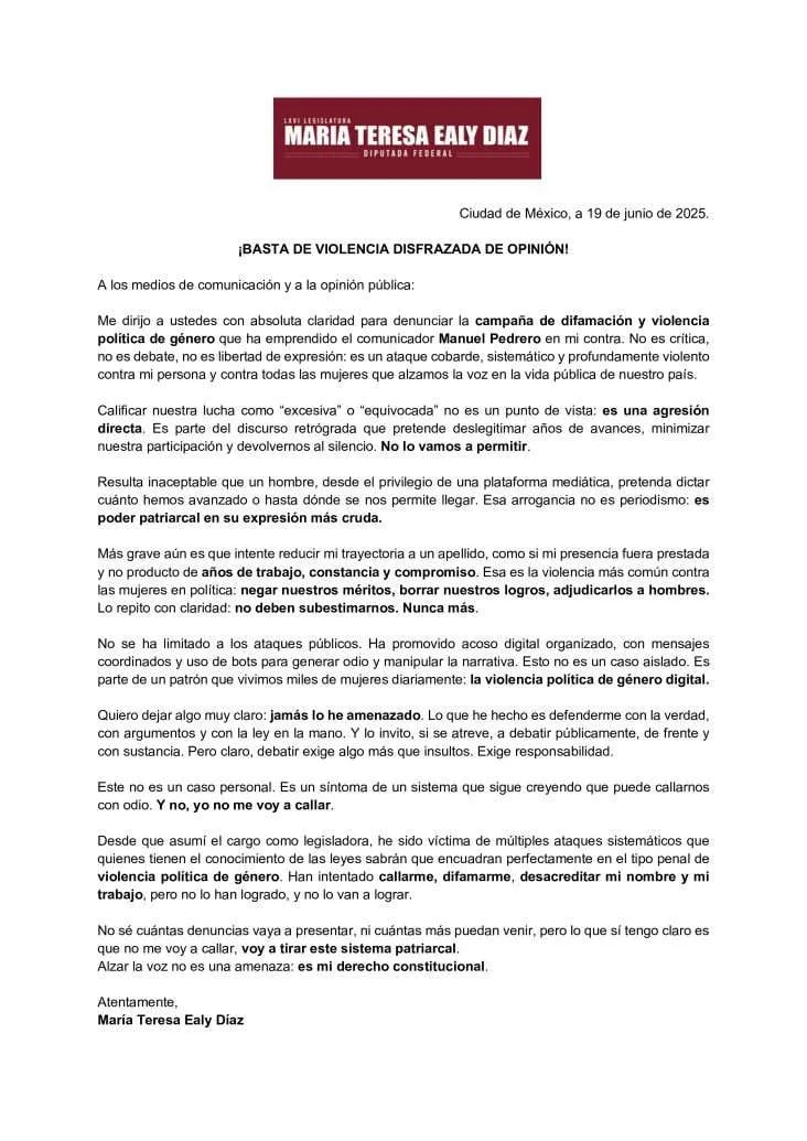 Comunicado de María Teresa Ealy respondiendo a declaraciones de Manuel Pedrero.