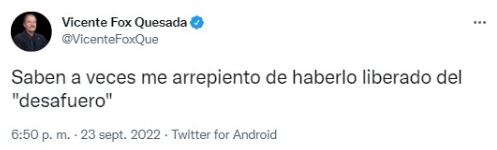Vicente Fox se arrepiente de haber liberado a AMLO del desafuero