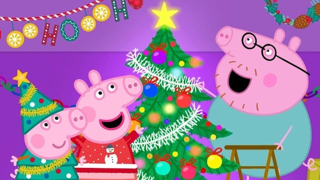 6 dibujos de Peppa Pig poniendo el árbol de Navidad para imprimir y colorear