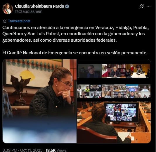 Claudia Sheinbaum revela que el Comité Nacional de Emergencia se encuentra en sesión permanente