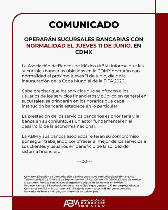Mundial 2026 no modificará la operación bancaria: el 11 de junio habrá servicio normal.