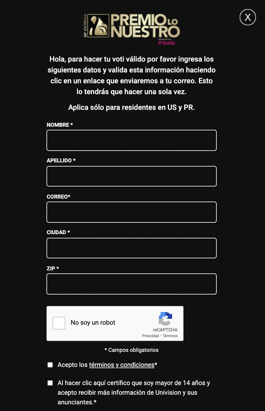 Formato para votar en Premios Lo Nuestro 2022