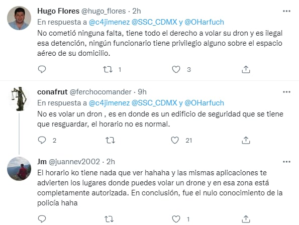 Comentarios en Twitter sobre la detección de un hombre que sobrevoló un dron