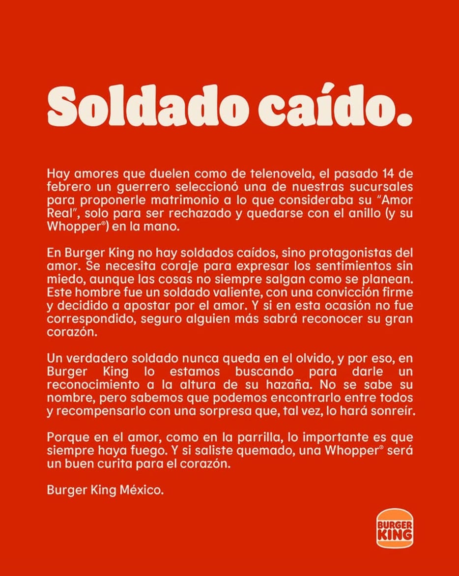 Burger King está buscando al "soldado caído" que propuso matrimonio