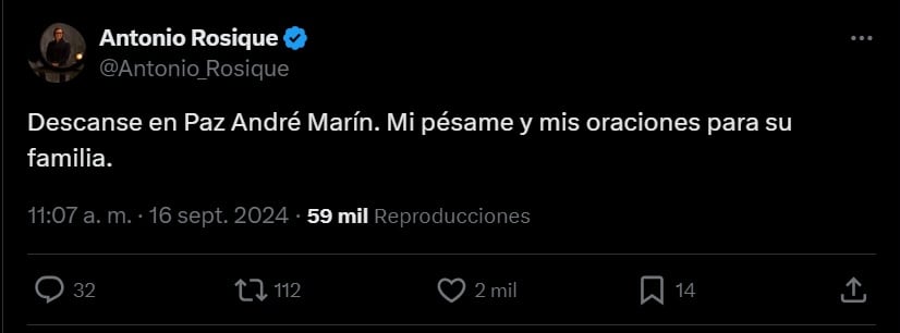 Mensaje de Antonio Rosique por la muerte de André Marín.