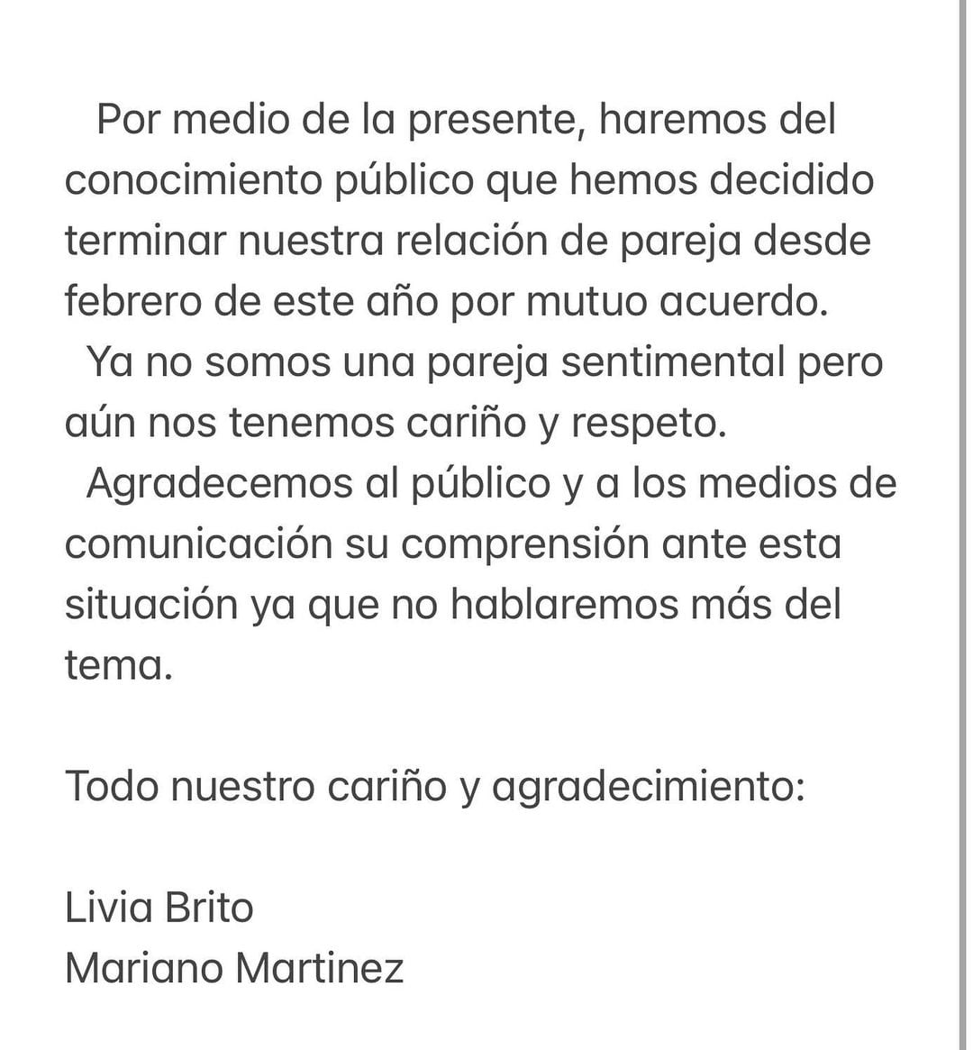 Livia Brito comparte su ruptura con Mariano Martínez.
