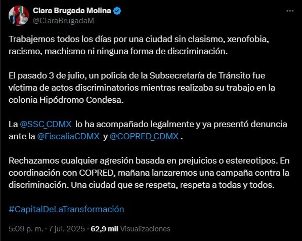 Clara Brugada apoyó en su denuncia a policía discriminado en Hipódromo Condesa, CDMX