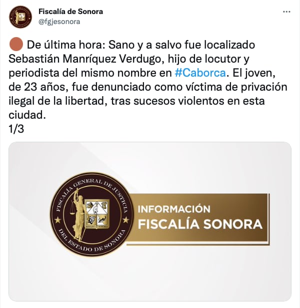 Tuit de la Fiscalía de Sonora
