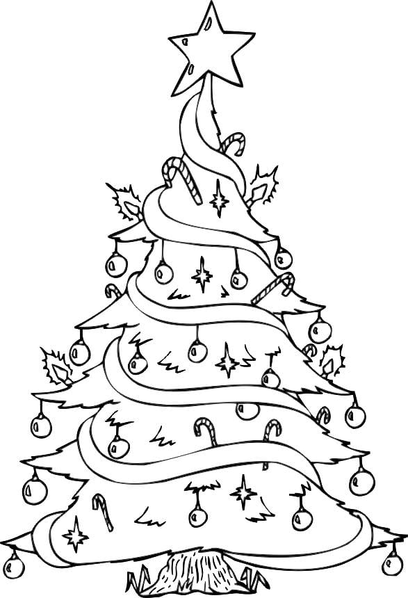 Dibujo del árbol de Navidad con adornos para colorear