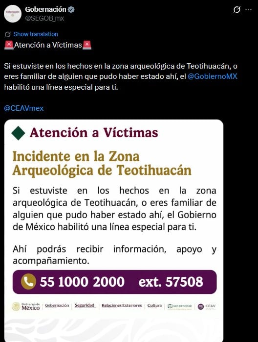 Gobernación activa línea de atención a víctimas tras tiroteo en Teotihuacán