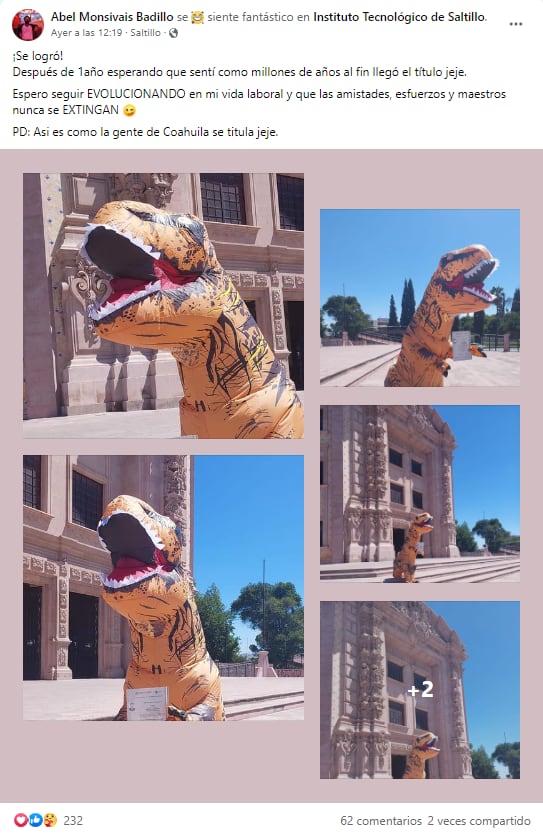 Obtiene título como ingeniero vestido de dinosaurio