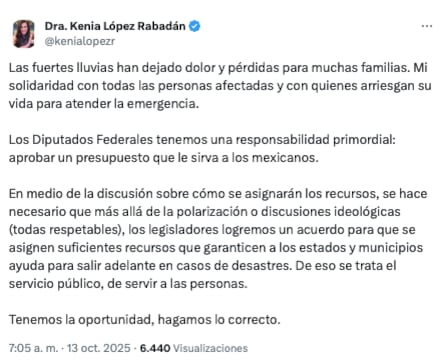 Kenia López Rabadán pide aprobar presupuesto para damnificados por lluvias