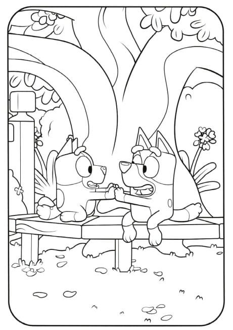 Bluey y Bingo jugando en primavera