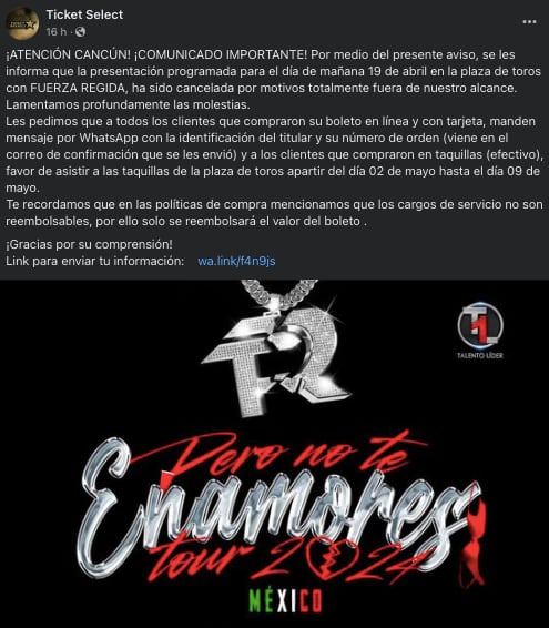 Cómo solicitar reembolso por el concierto cancelado de Fuerza Regida
