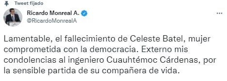 Ricardo Monreal lamenta la muerte de Celeste Batel
