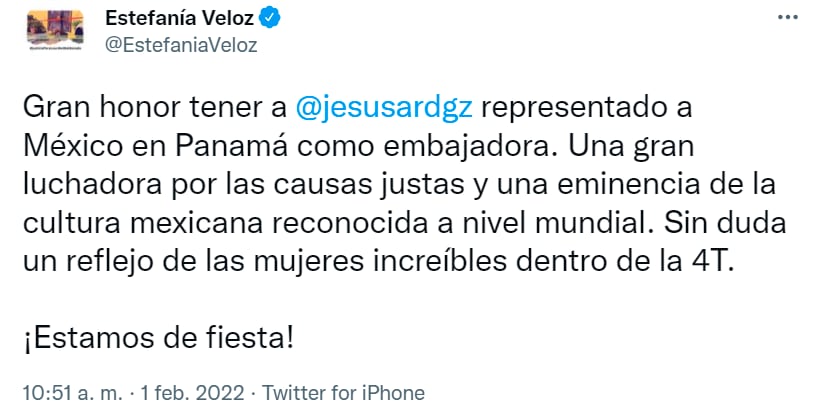 Tuit de Estefanía Veloz sobre el nombramiento de Jesusa Rodríguez como embajadora de Panamá