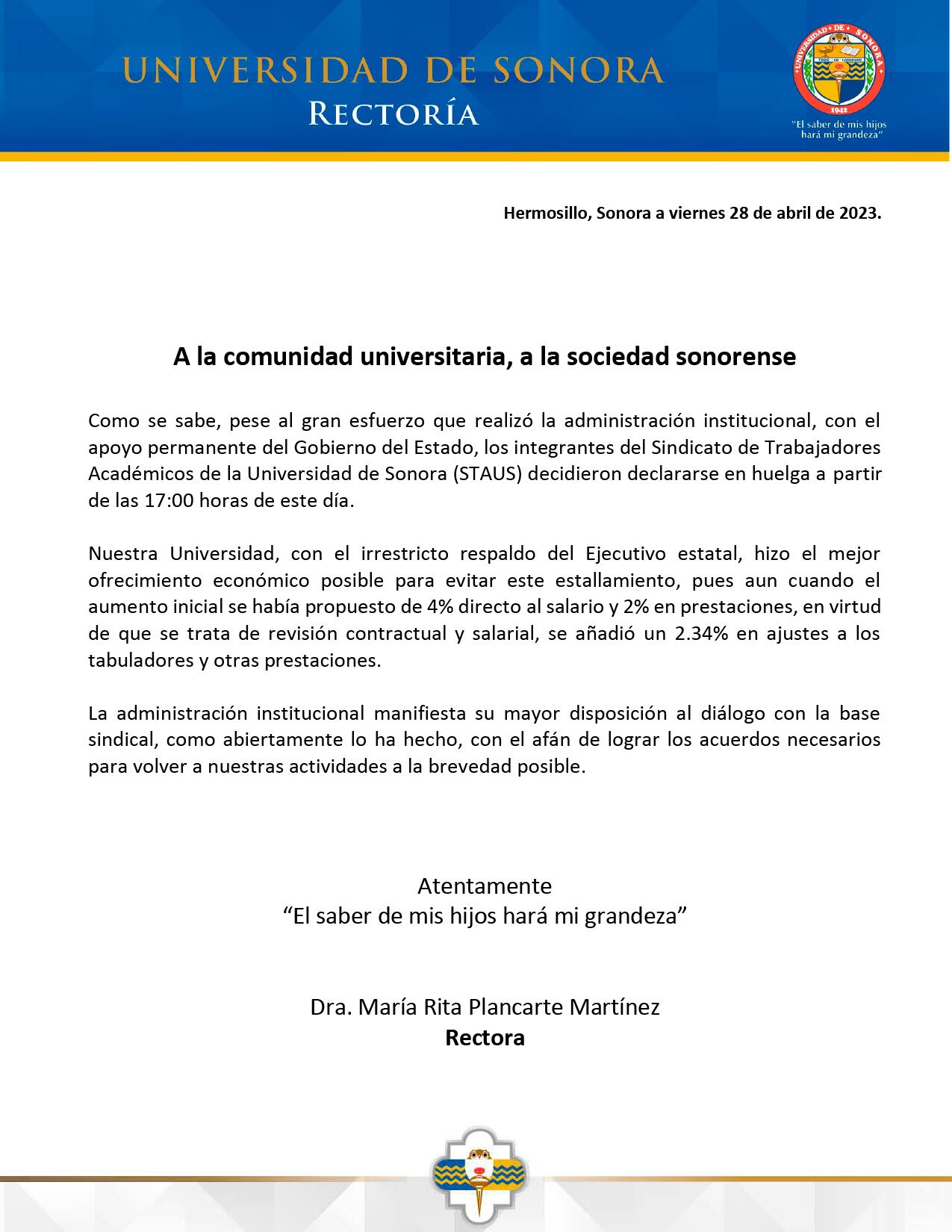 Comunicado Universidad de Sonora