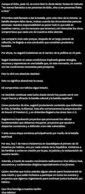 Eduardo Verástegui se aleja de la política y apuesta por el ámbito cultural y espiritual