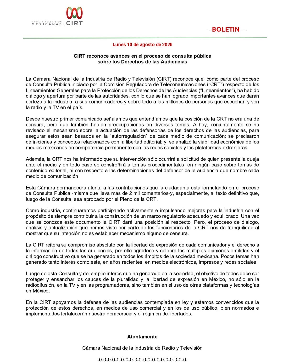 Comunicado de la Cámara Nacional de la Industria de Radio y TV sobre el derecho de las audiencias