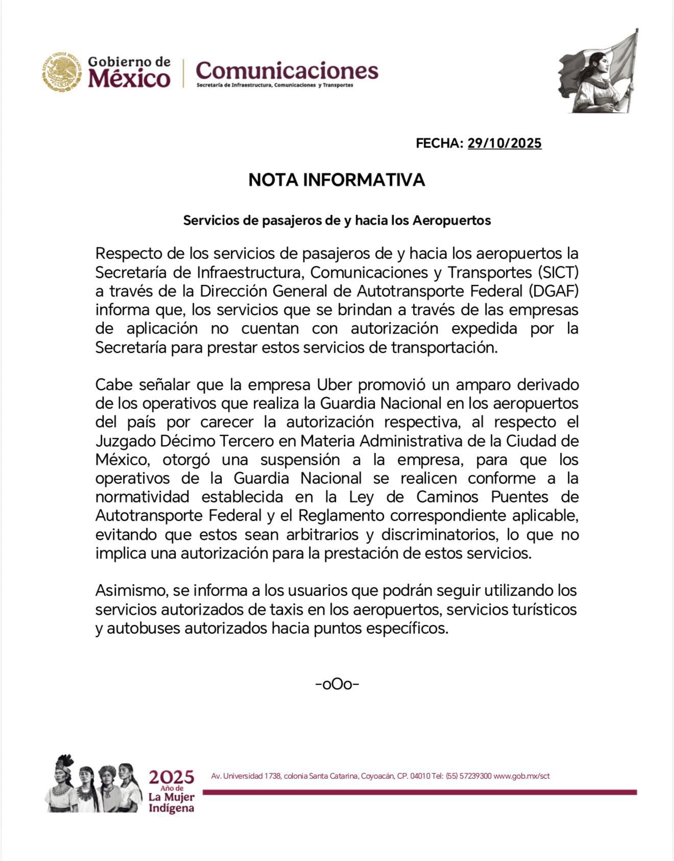 Comunicado sobre Uber y apps de transporte en los aeropuertos de México