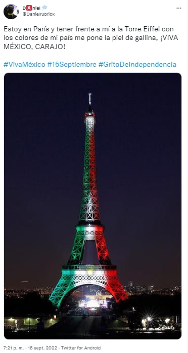 Este 15 de septiembre, la torre Eiffel se vistió con colores de la bandera de México por el Día de la Independencia