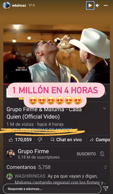 Eduiz Caz presume éxito de su colaboración musical con Maluma