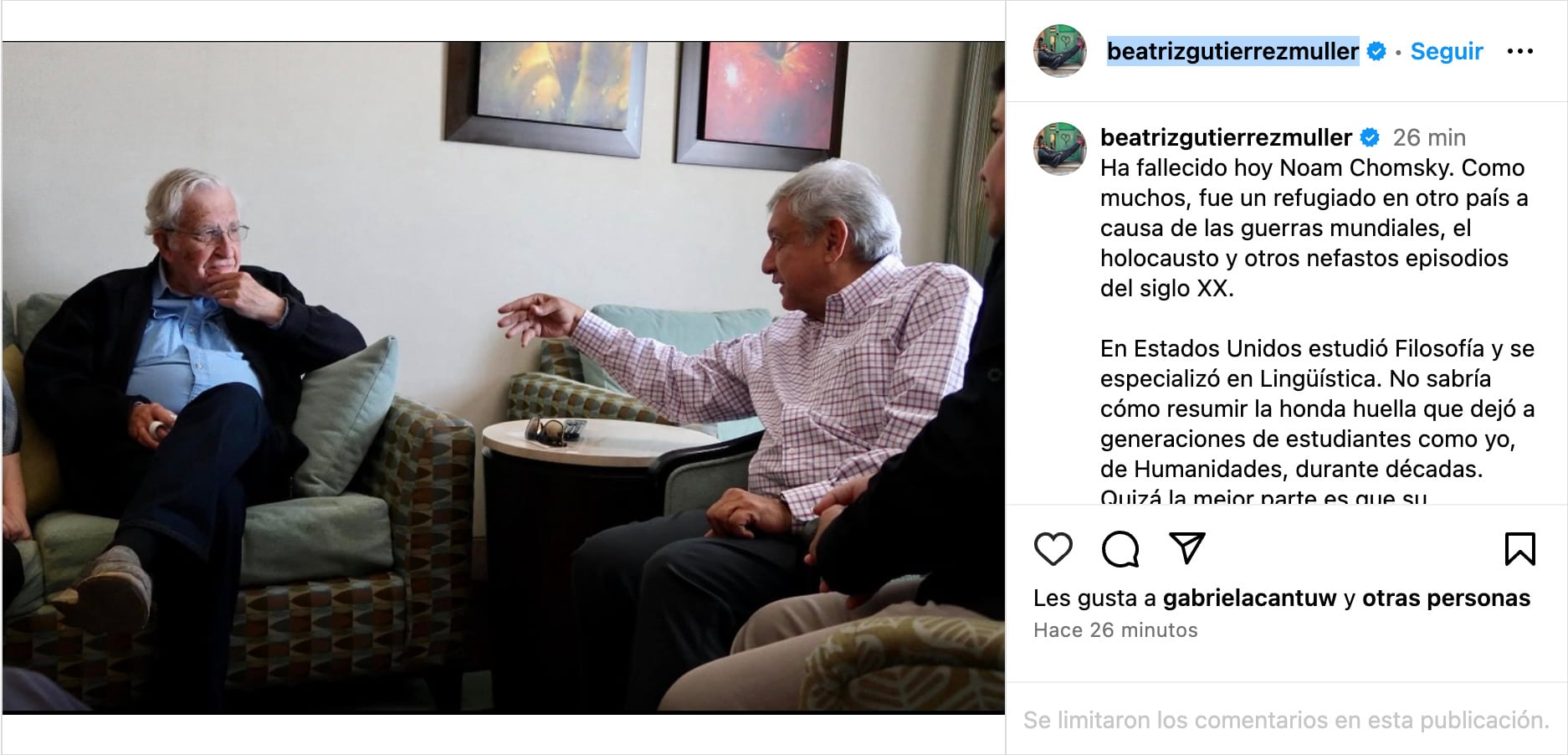 Mensaje donde Beatriz Gutiérrez se despidió de Noam Chomsky por su presunta muerte