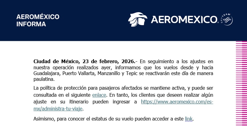 Comunicado de Aeroméxico sobre sus vuelos tras la ola de violencia en Jalisco por el CJNG
