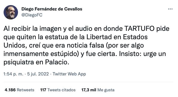 "Jefe" Diego dijo que "urge un psiquiatra" luego de la propuesta de AMLO de querer quitar estatua de libertad.